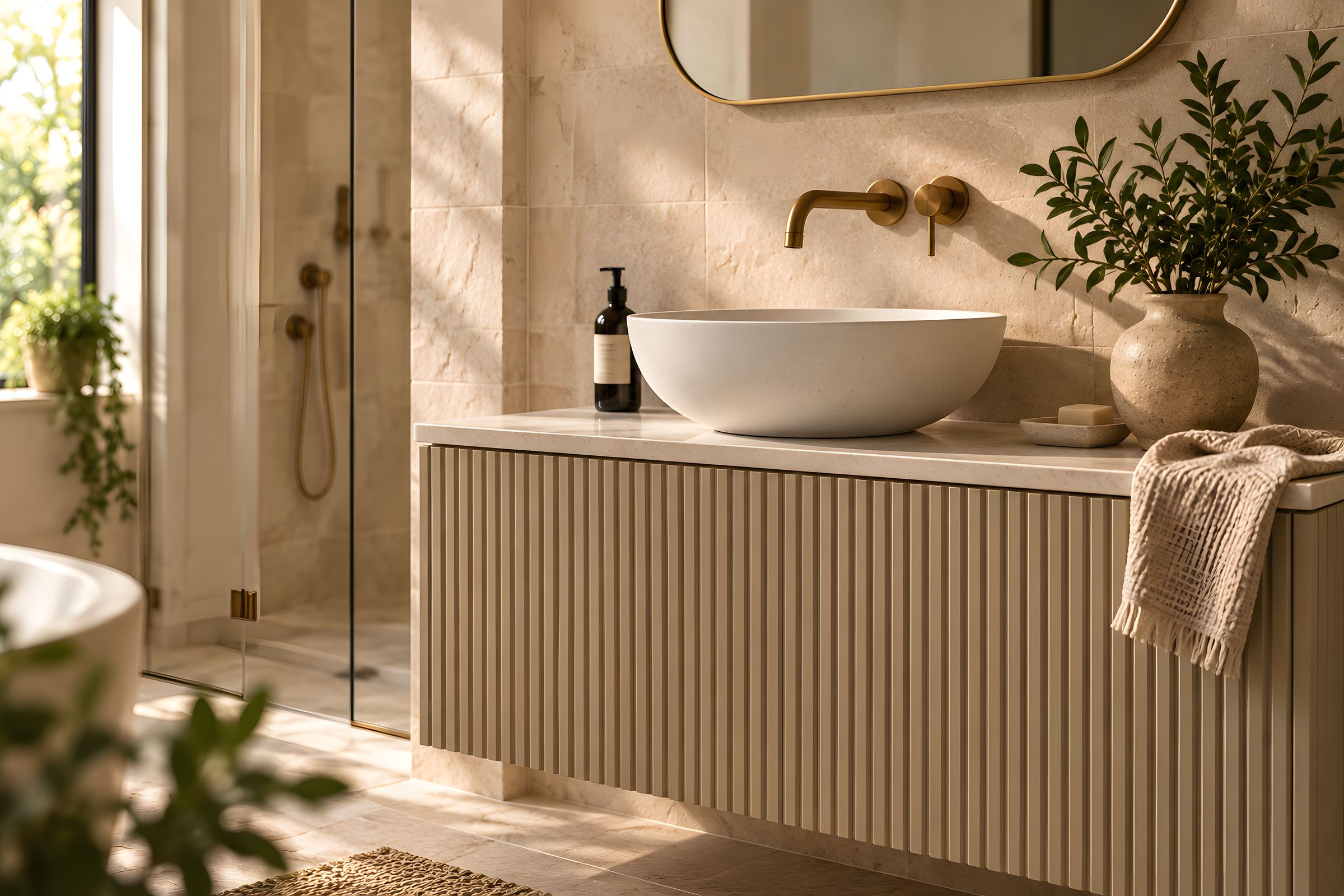 A fluted vanity unit with a stone basin