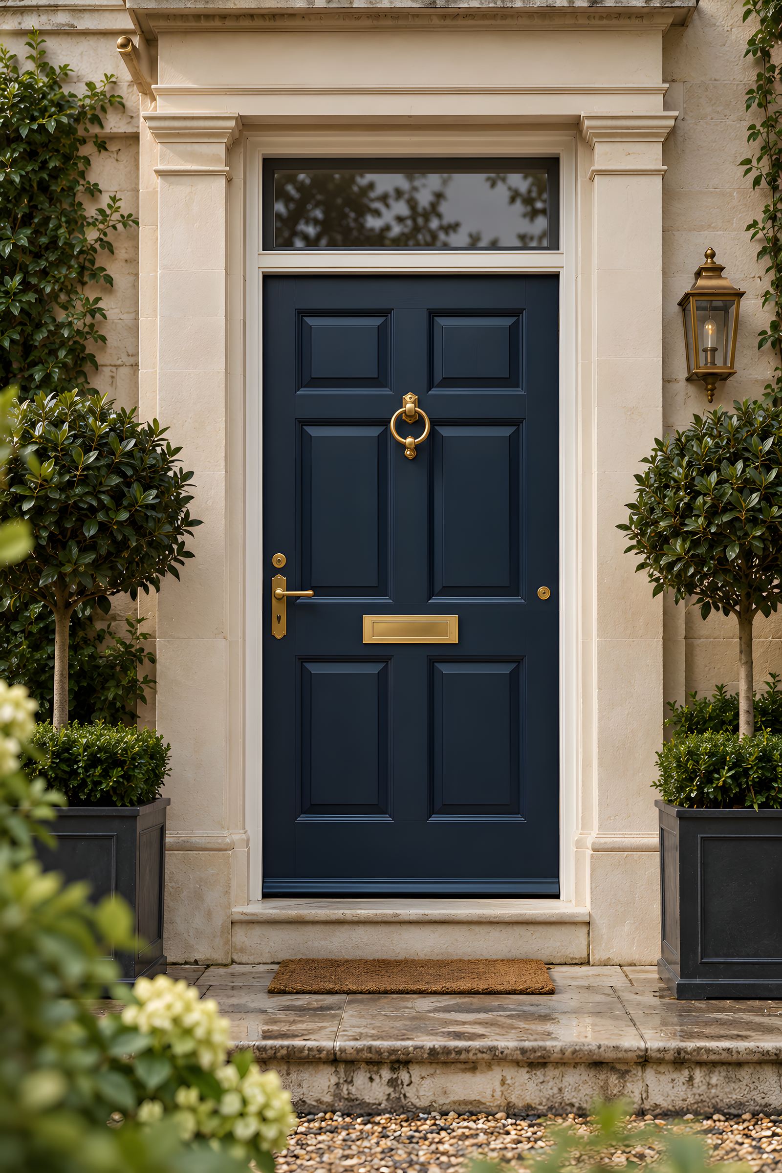A navy front door with brass letterplate