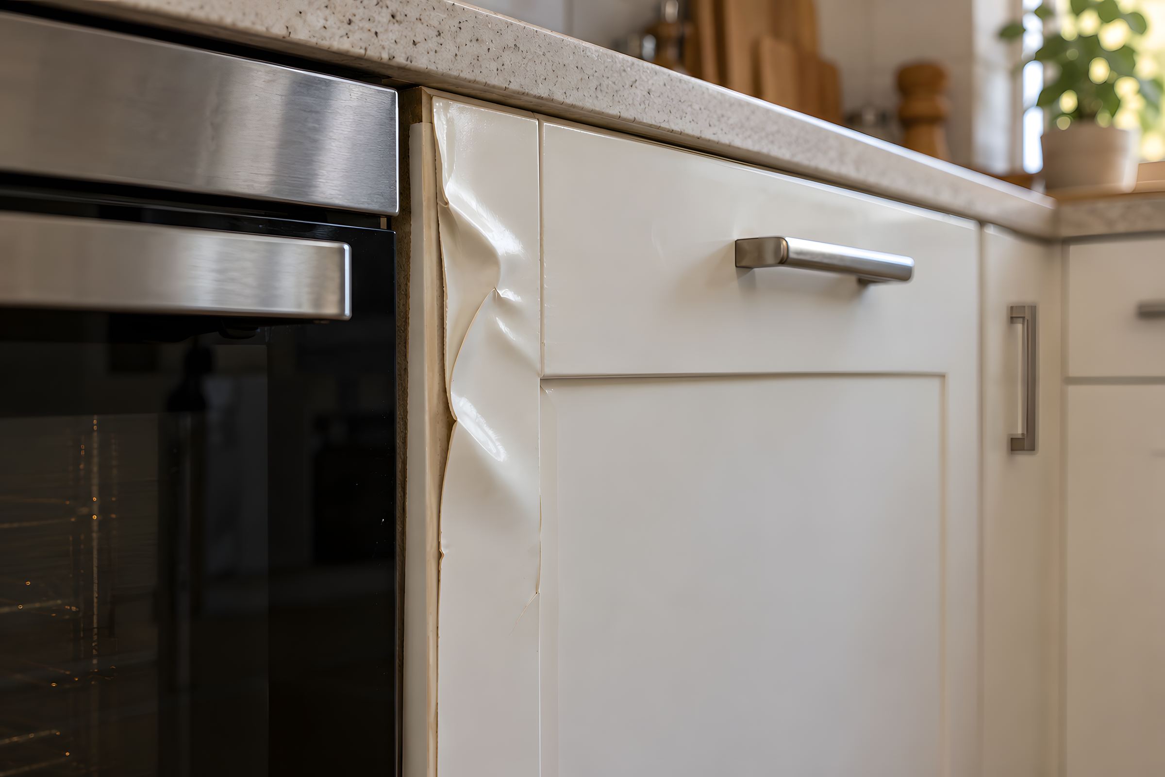A white vinyl wrapped kitchen door with the film peeling away at the edge beside an oven