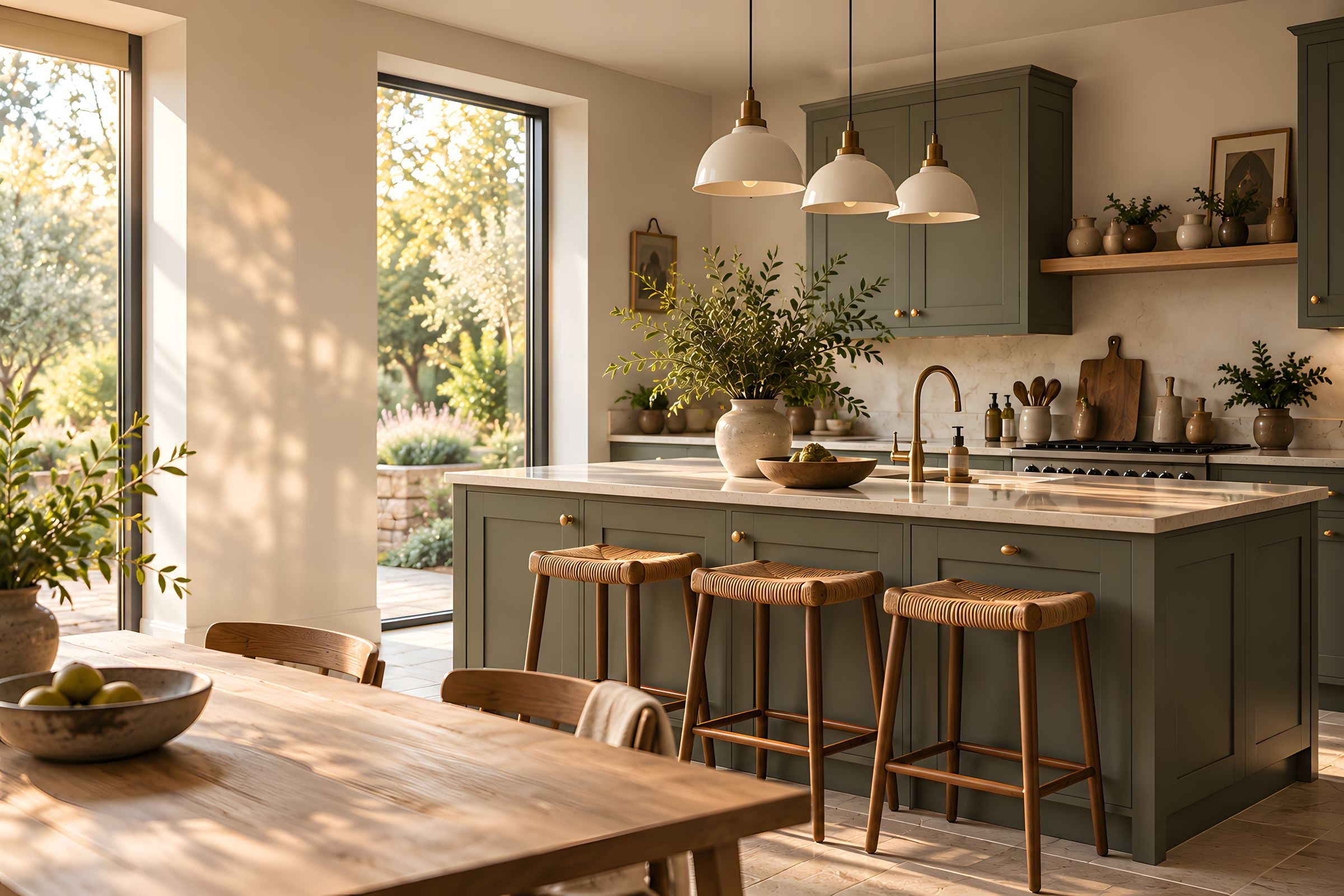 A sage green shaker kitchen with a stone topped island, cream pendant lights and rush bar stools in warm evening light