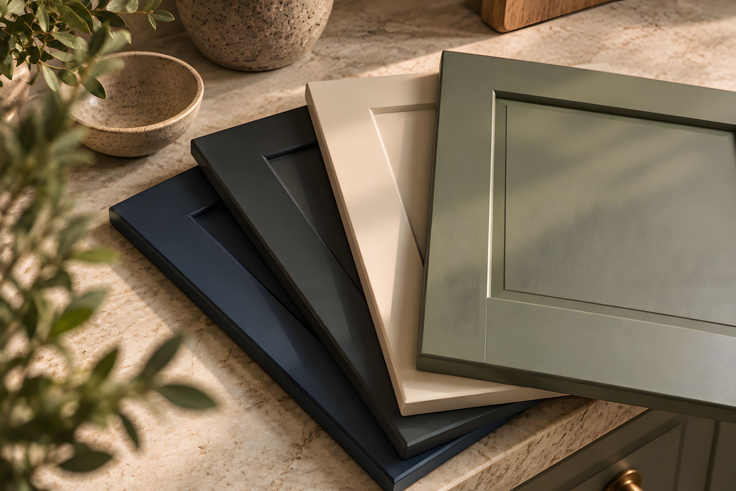 Sample panels in sage, cream, charcoal and navy