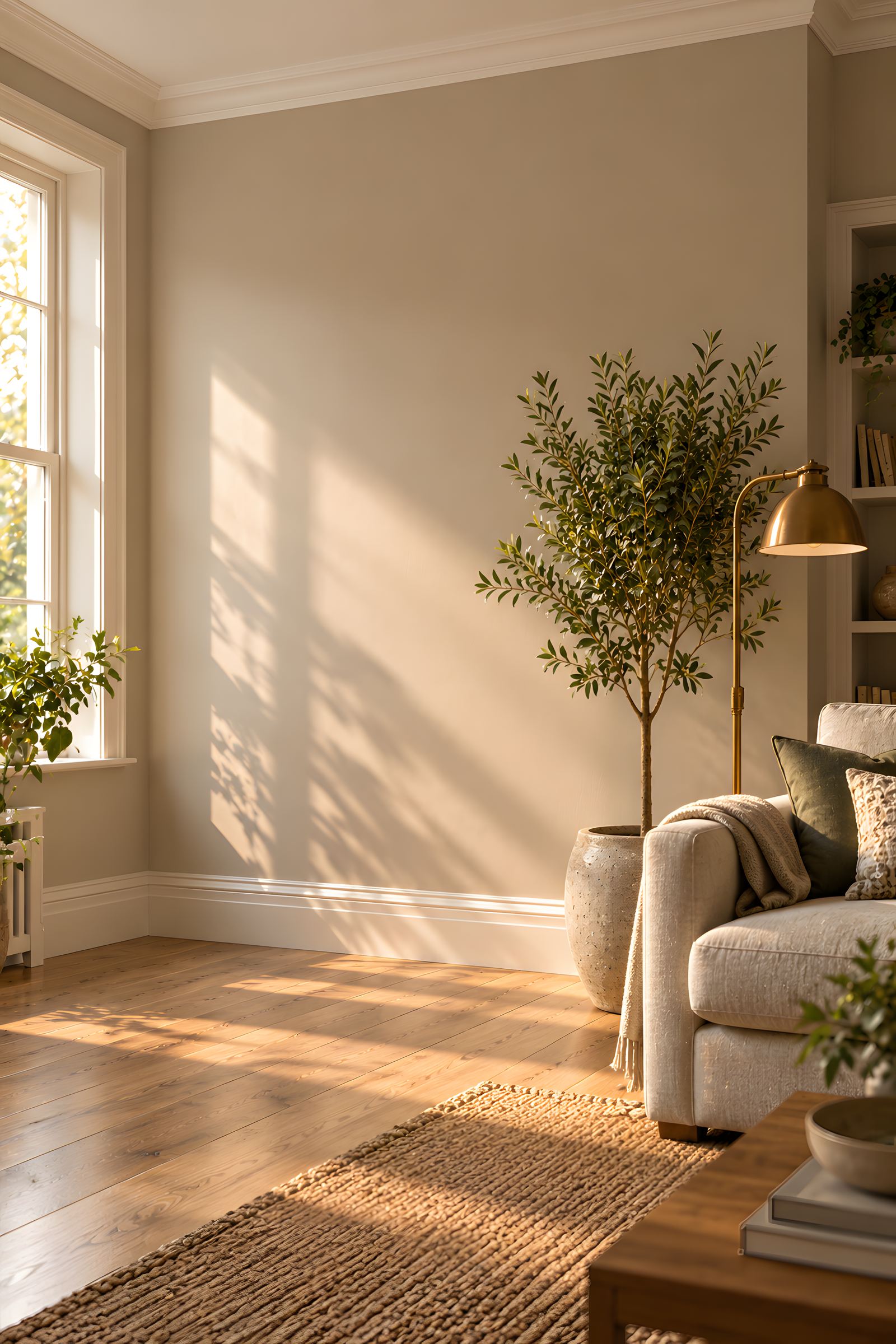 A calm living room with evenly painted stone coloured walls, coving, an olive tree and a linen sofa in afternoon light