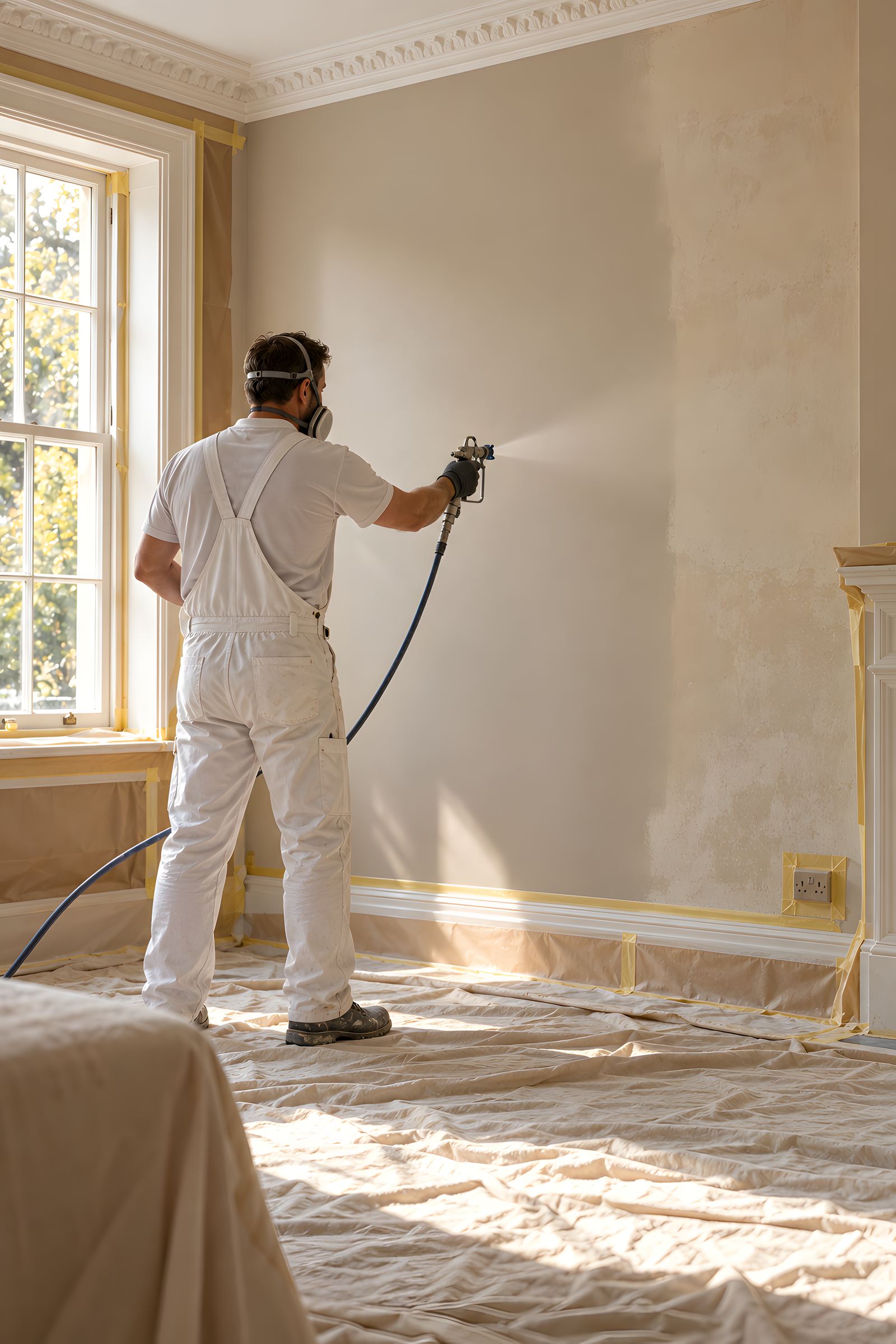 A decorator in white overalls spraying a wall in a period room, with the floor covered and the skirting and sockets masked